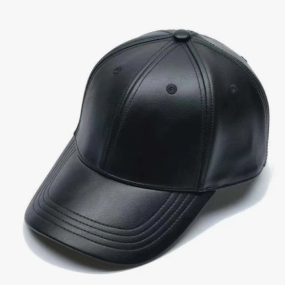 Black Leather Baseball Cap Hat, Mens, Womans,  Adjustable Faux Leather Vegan - Picture 5 of 6